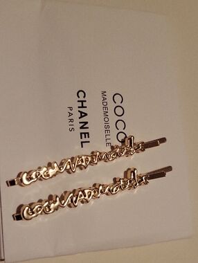 CHANEL Gold 'Coco Mademoiselle' Script Hair Pins - Pair